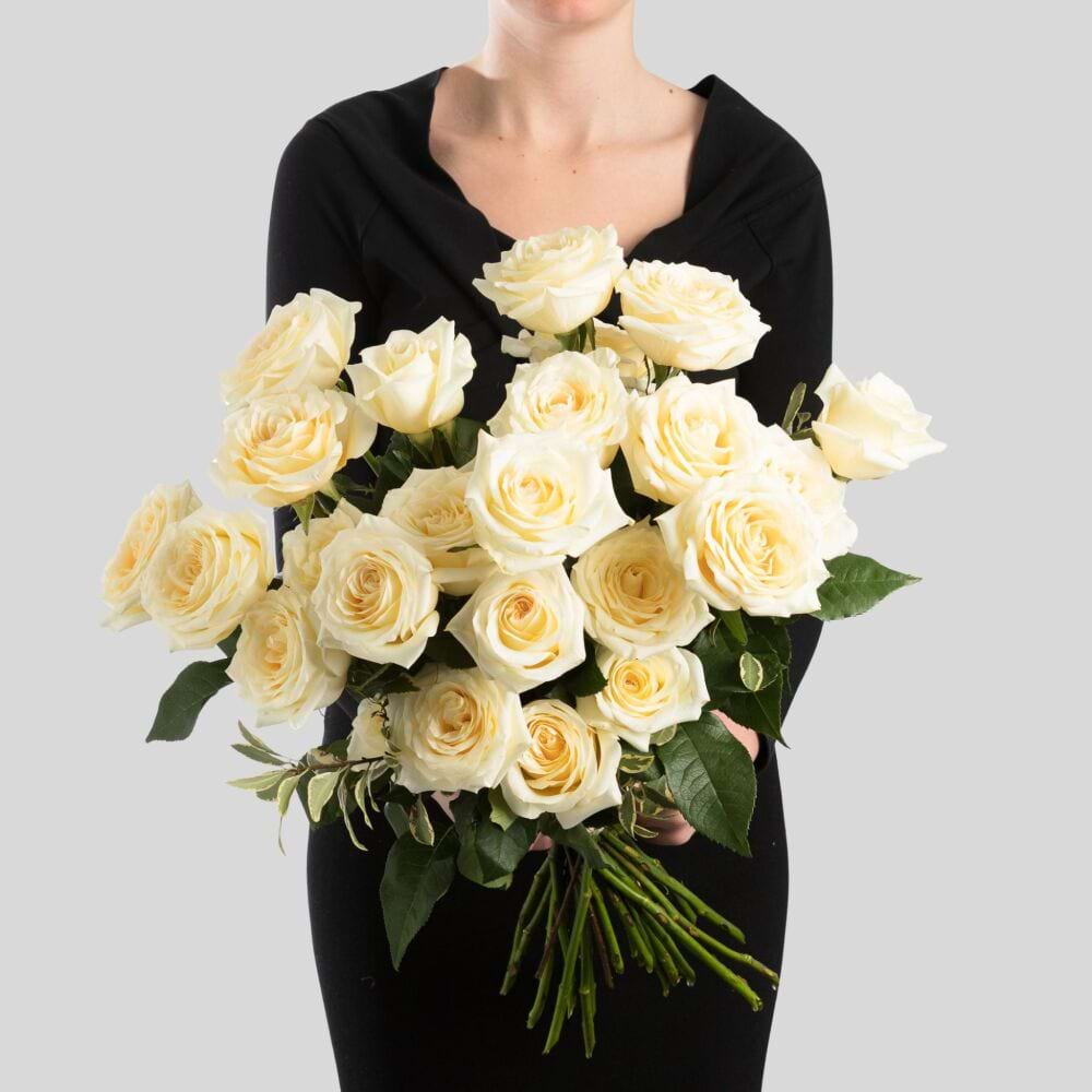 24-stem Candlelight Rose Bouquet featuring premium ivory roses with champagne centres and fresh seasonal foliage, handcrafted by Deluca`s Florist Sydney.