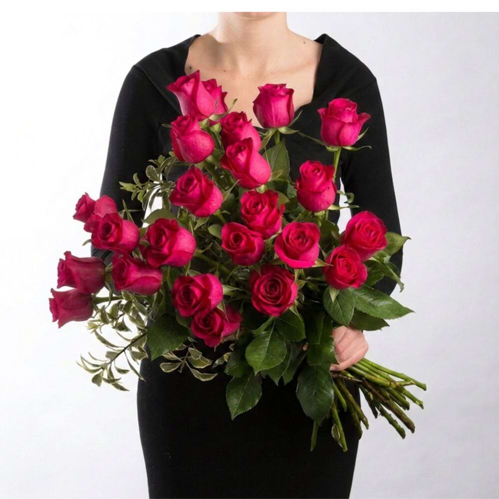 Premium Lola Rose Bouquet featuring deep pink roses with fresh seasonal foliage, handcrafted by Deluca`s Florist Sydney.